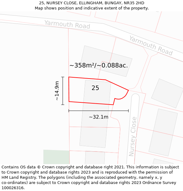 25, NURSEY CLOSE, ELLINGHAM, BUNGAY, NR35 2HD: Plot and title map