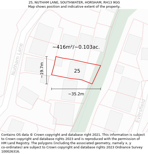 25, NUTHAM LANE, SOUTHWATER, HORSHAM, RH13 9GG: Plot and title map