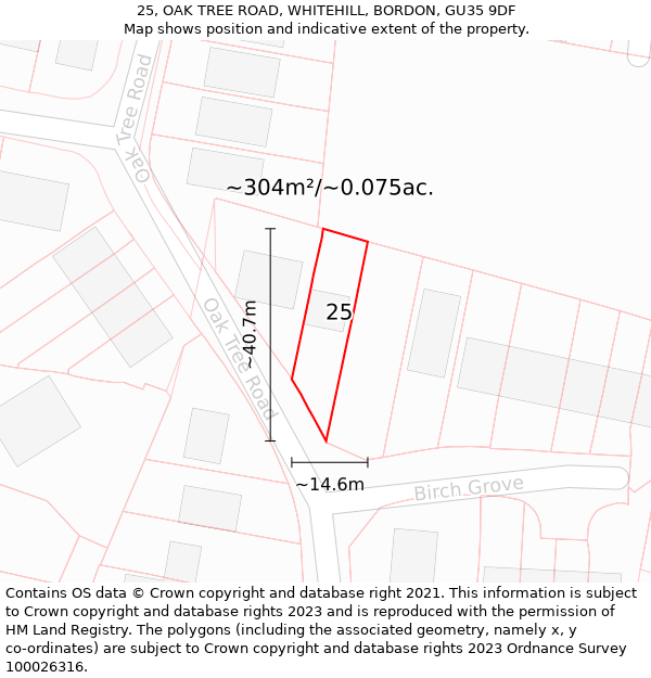 25, OAK TREE ROAD, WHITEHILL, BORDON, GU35 9DF: Plot and title map