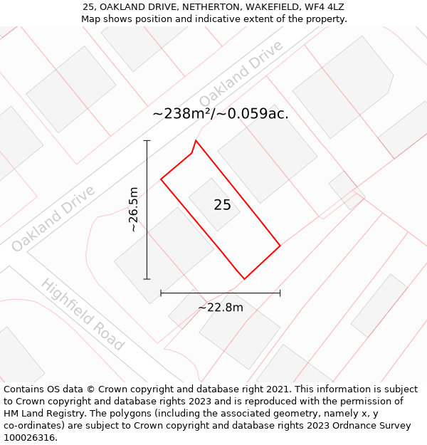 25, OAKLAND DRIVE, NETHERTON, WAKEFIELD, WF4 4LZ: Plot and title map