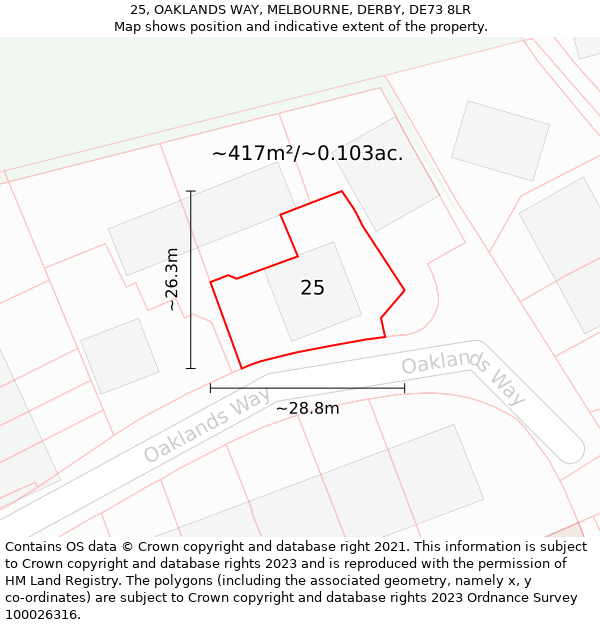 25, OAKLANDS WAY, MELBOURNE, DERBY, DE73 8LR: Plot and title map