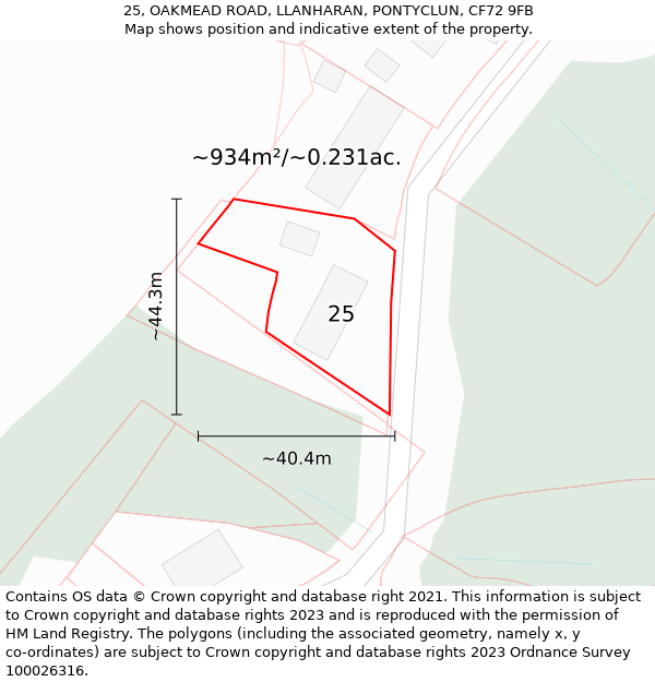 25, OAKMEAD ROAD, LLANHARAN, PONTYCLUN, CF72 9FB: Plot and title map