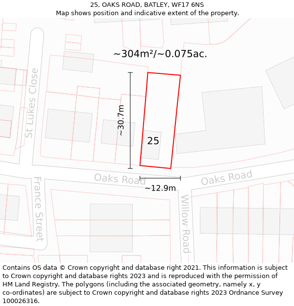 25, OAKS ROAD, BATLEY, WF17 6NS: Plot and title map