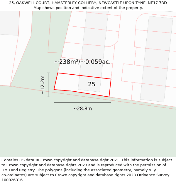 25, OAKWELL COURT, HAMSTERLEY COLLIERY, NEWCASTLE UPON TYNE, NE17 7BD: Plot and title map