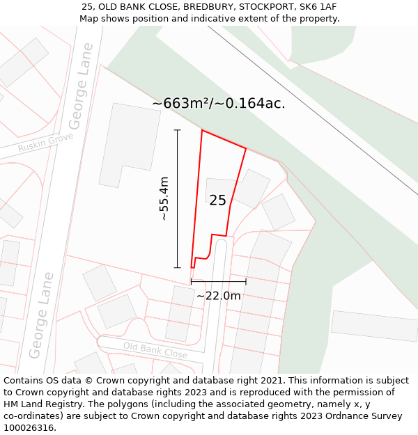 25, OLD BANK CLOSE, BREDBURY, STOCKPORT, SK6 1AF: Plot and title map