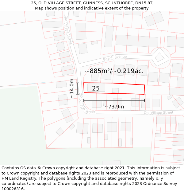 25, OLD VILLAGE STREET, GUNNESS, SCUNTHORPE, DN15 8TJ: Plot and title map