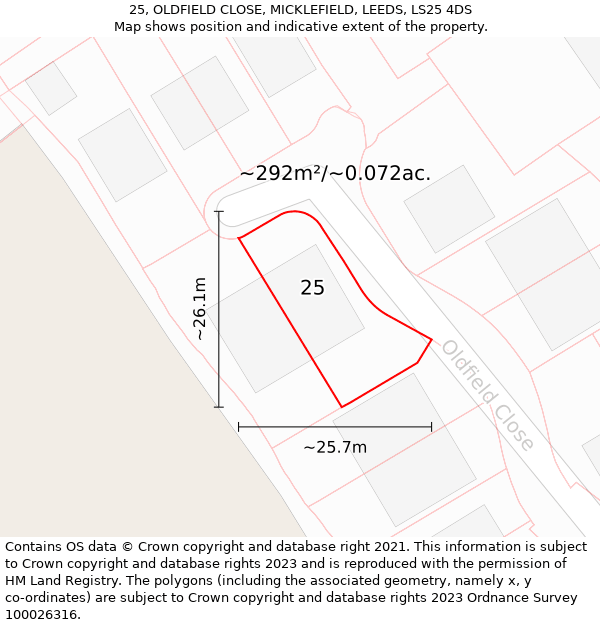 25, OLDFIELD CLOSE, MICKLEFIELD, LEEDS, LS25 4DS: Plot and title map