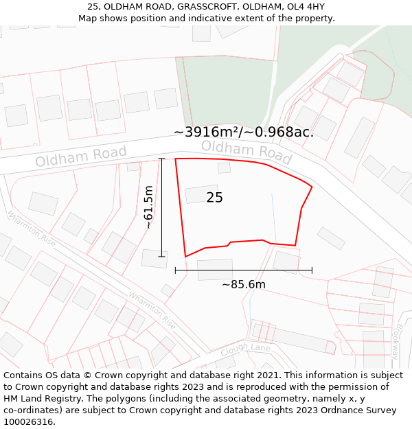 25, OLDHAM ROAD, GRASSCROFT, OLDHAM, OL4 4HY: Plot and title map