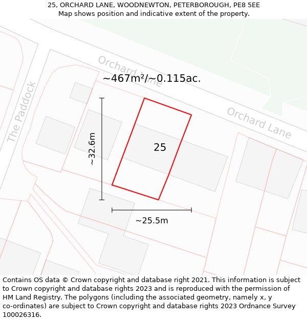 25, ORCHARD LANE, WOODNEWTON, PETERBOROUGH, PE8 5EE: Plot and title map