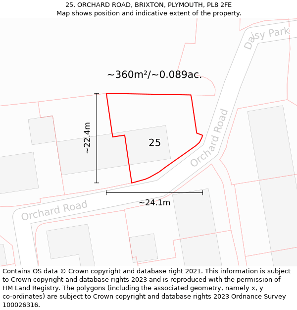 25, ORCHARD ROAD, BRIXTON, PLYMOUTH, PL8 2FE: Plot and title map