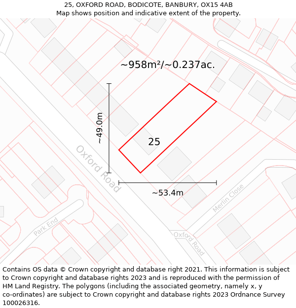 25, OXFORD ROAD, BODICOTE, BANBURY, OX15 4AB: Plot and title map