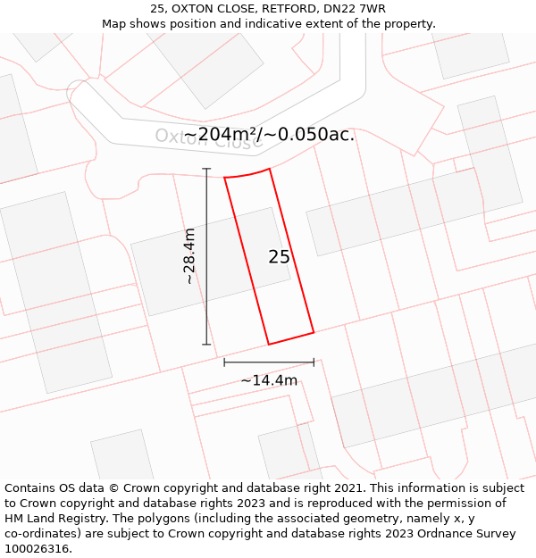 25, OXTON CLOSE, RETFORD, DN22 7WR: Plot and title map