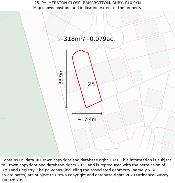 25, PALMERSTON CLOSE, RAMSBOTTOM, BURY, BL0 9YN: Plot and title map