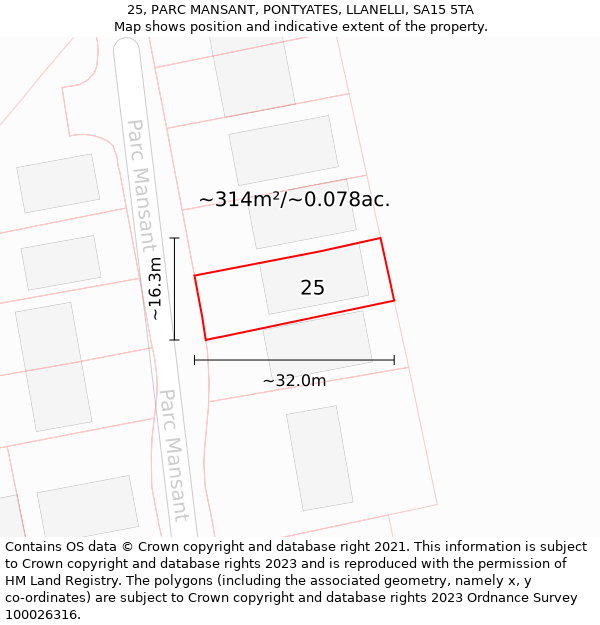 25, PARC MANSANT, PONTYATES, LLANELLI, SA15 5TA: Plot and title map