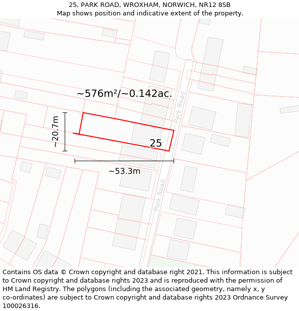 25, PARK ROAD, WROXHAM, NORWICH, NR12 8SB: Plot and title map