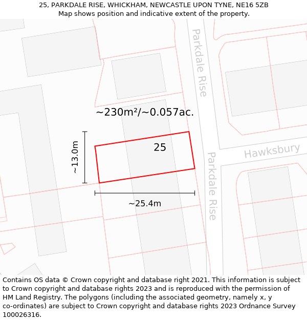 25, PARKDALE RISE, WHICKHAM, NEWCASTLE UPON TYNE, NE16 5ZB: Plot and title map