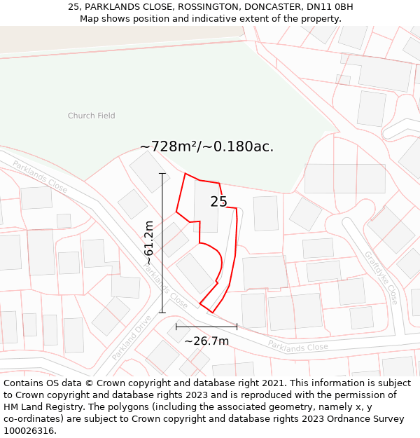 25, PARKLANDS CLOSE, ROSSINGTON, DONCASTER, DN11 0BH: Plot and title map