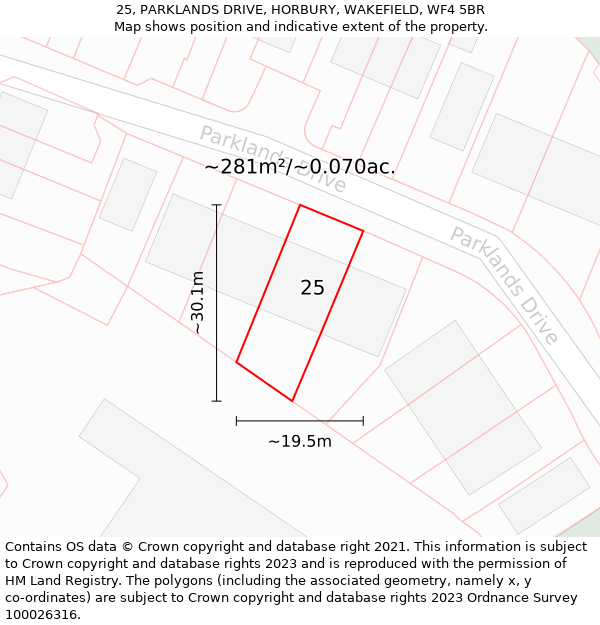 25, PARKLANDS DRIVE, HORBURY, WAKEFIELD, WF4 5BR: Plot and title map