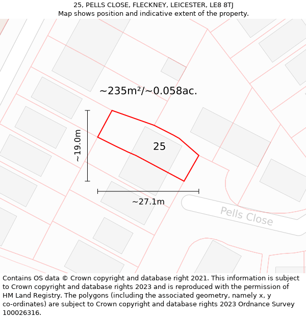 25, PELLS CLOSE, FLECKNEY, LEICESTER, LE8 8TJ: Plot and title map