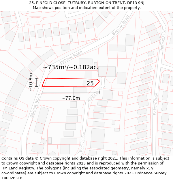 25, PINFOLD CLOSE, TUTBURY, BURTON-ON-TRENT, DE13 9NJ: Plot and title map