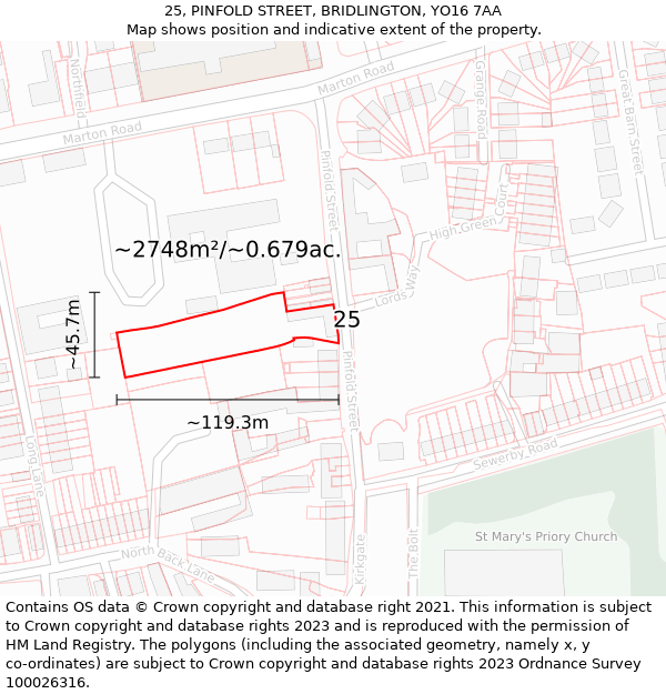 25, PINFOLD STREET, BRIDLINGTON, YO16 7AA: Plot and title map