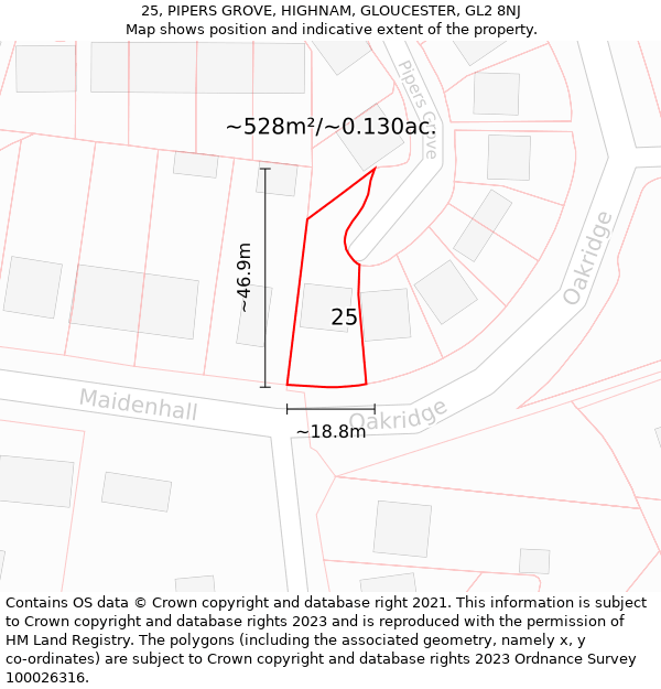 25, PIPERS GROVE, HIGHNAM, GLOUCESTER, GL2 8NJ: Plot and title map