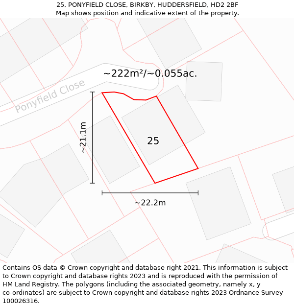 25, PONYFIELD CLOSE, BIRKBY, HUDDERSFIELD, HD2 2BF: Plot and title map