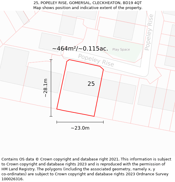 25, POPELEY RISE, GOMERSAL, CLECKHEATON, BD19 4QT: Plot and title map