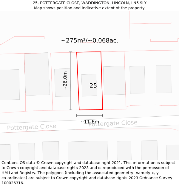 25, POTTERGATE CLOSE, WADDINGTON, LINCOLN, LN5 9LY: Plot and title map