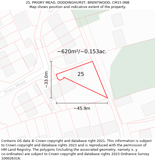 25, PRIORY MEAD, DODDINGHURST, BRENTWOOD, CM15 0NB: Plot and title map