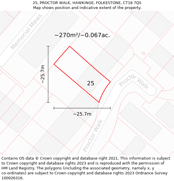 25, PROCTOR WALK, HAWKINGE, FOLKESTONE, CT18 7QS: Plot and title map