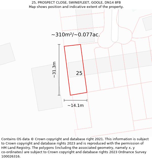 25, PROSPECT CLOSE, SWINEFLEET, GOOLE, DN14 8FB: Plot and title map