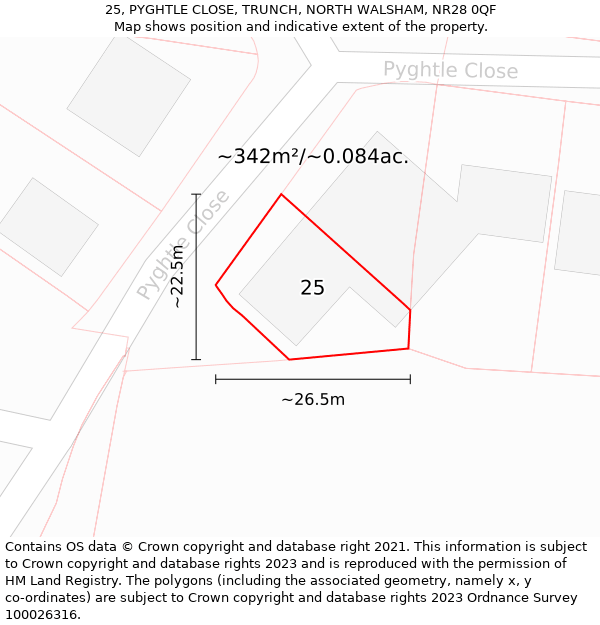 25, PYGHTLE CLOSE, TRUNCH, NORTH WALSHAM, NR28 0QF: Plot and title map