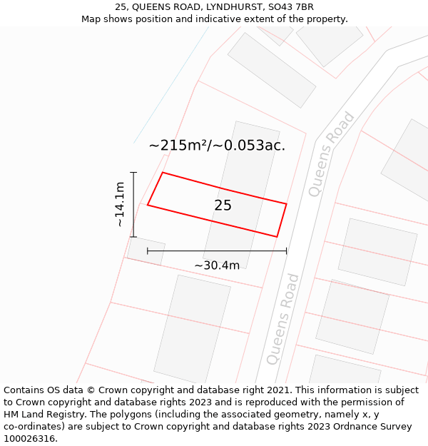 25, QUEENS ROAD, LYNDHURST, SO43 7BR: Plot and title map