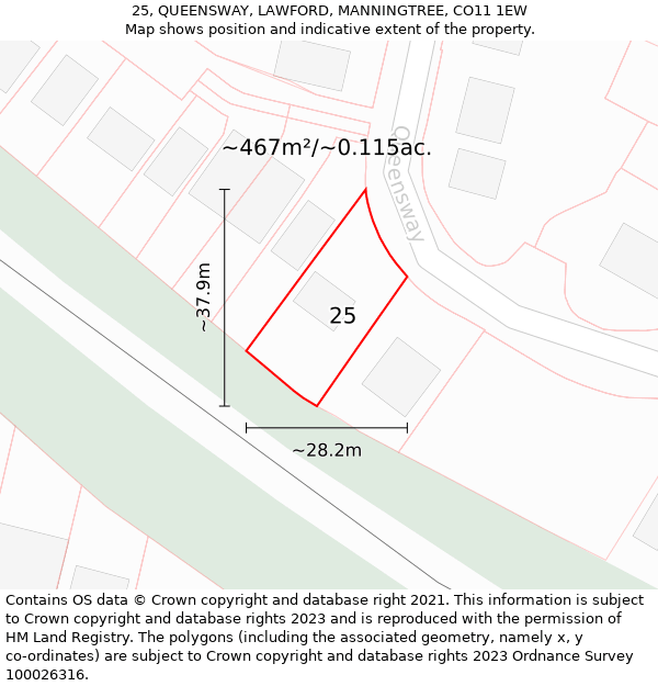 25, QUEENSWAY, LAWFORD, MANNINGTREE, CO11 1EW: Plot and title map