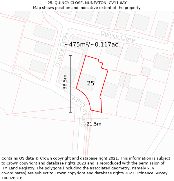 25, QUINCY CLOSE, NUNEATON, CV11 6AY: Plot and title map