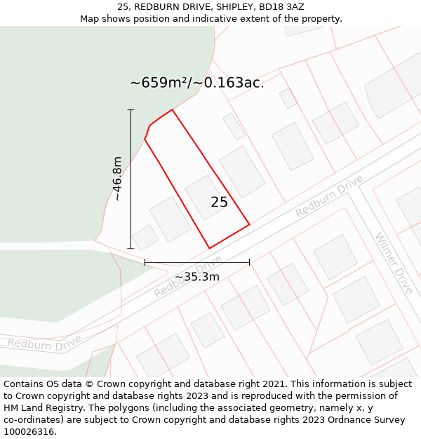 25, REDBURN DRIVE, SHIPLEY, BD18 3AZ: Plot and title map