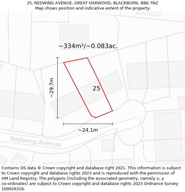 25, REDWING AVENUE, GREAT HARWOOD, BLACKBURN, BB6 7NZ: Plot and title map