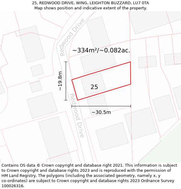 25, REDWOOD DRIVE, WING, LEIGHTON BUZZARD, LU7 0TA: Plot and title map