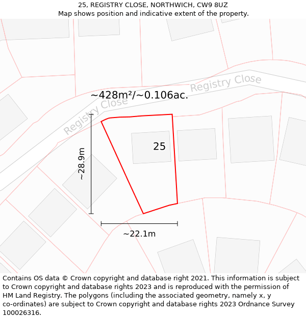 25, REGISTRY CLOSE, NORTHWICH, CW9 8UZ: Plot and title map