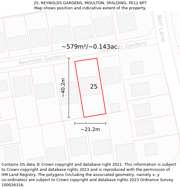 25, REYNOLDS GARDENS, MOULTON, SPALDING, PE12 6PT: Plot and title map