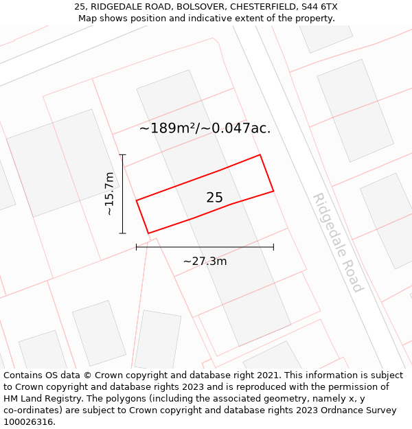 25, RIDGEDALE ROAD, BOLSOVER, CHESTERFIELD, S44 6TX: Plot and title map