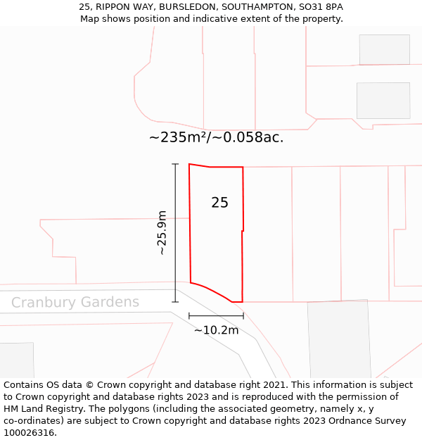 25, RIPPON WAY, BURSLEDON, SOUTHAMPTON, SO31 8PA: Plot and title map