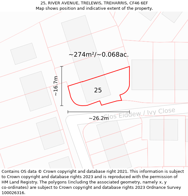 25, RIVER AVENUE, TRELEWIS, TREHARRIS, CF46 6EF: Plot and title map