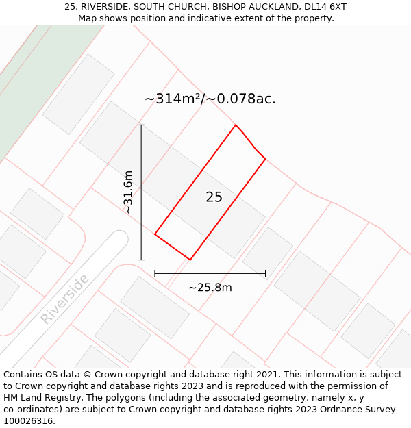 25, RIVERSIDE, SOUTH CHURCH, BISHOP AUCKLAND, DL14 6XT: Plot and title map