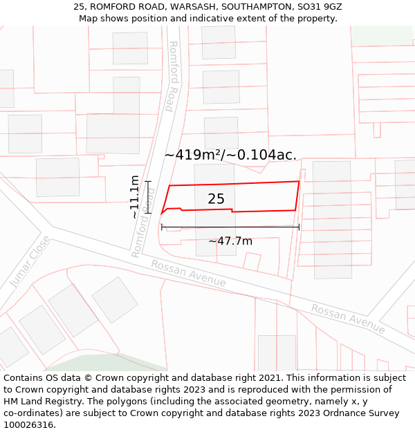 25, ROMFORD ROAD, WARSASH, SOUTHAMPTON, SO31 9GZ: Plot and title map