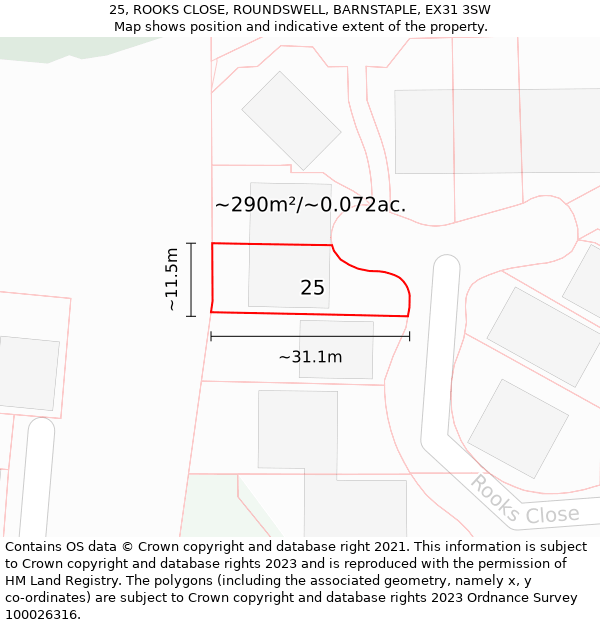 25, ROOKS CLOSE, ROUNDSWELL, BARNSTAPLE, EX31 3SW: Plot and title map