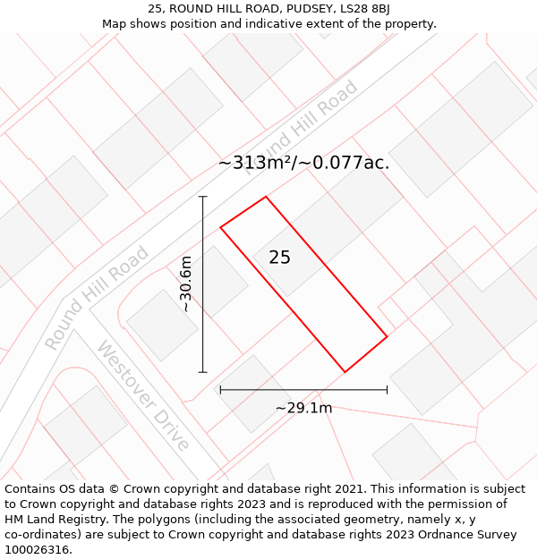 25, ROUND HILL ROAD, PUDSEY, LS28 8BJ: Plot and title map