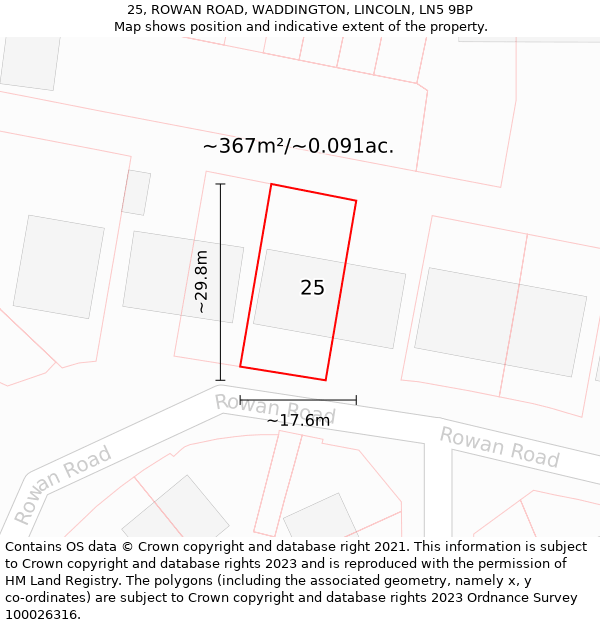 25, ROWAN ROAD, WADDINGTON, LINCOLN, LN5 9BP: Plot and title map