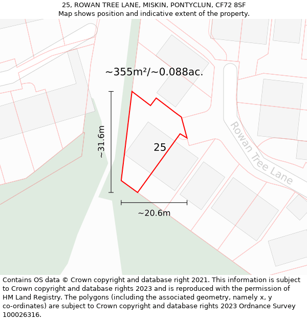 25, ROWAN TREE LANE, MISKIN, PONTYCLUN, CF72 8SF: Plot and title map
